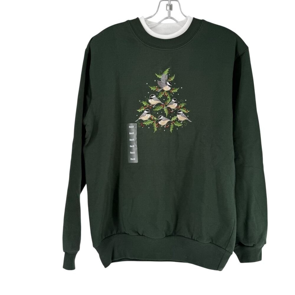 Morning Sun Christmas Sweatshirt Size S Green Winter Bird Tree Rhinestone NEW